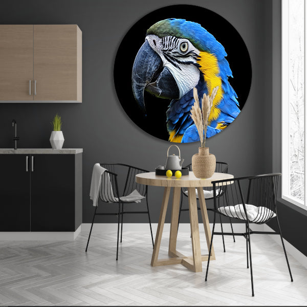 Realistisch schilderij van kleurrijke papegaai aluminium muurcirkel