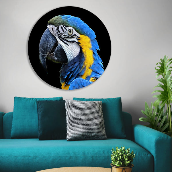 Realistisch schilderij van kleurrijke papegaai aluminium muurcirkel
