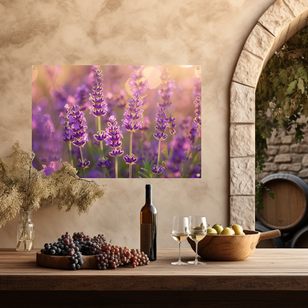 Betoverende zonsondergang over een lavendelveld tuinposter