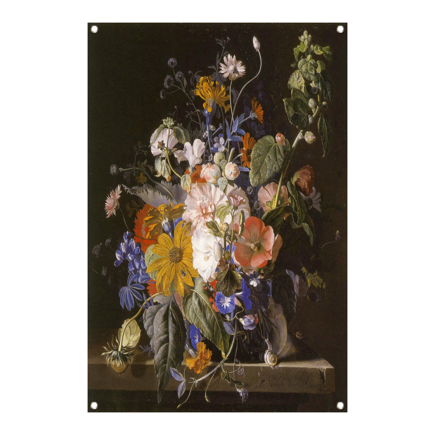 Bloemstilleven en slakken op een stenen richel - Jan van Huysum tuinposter