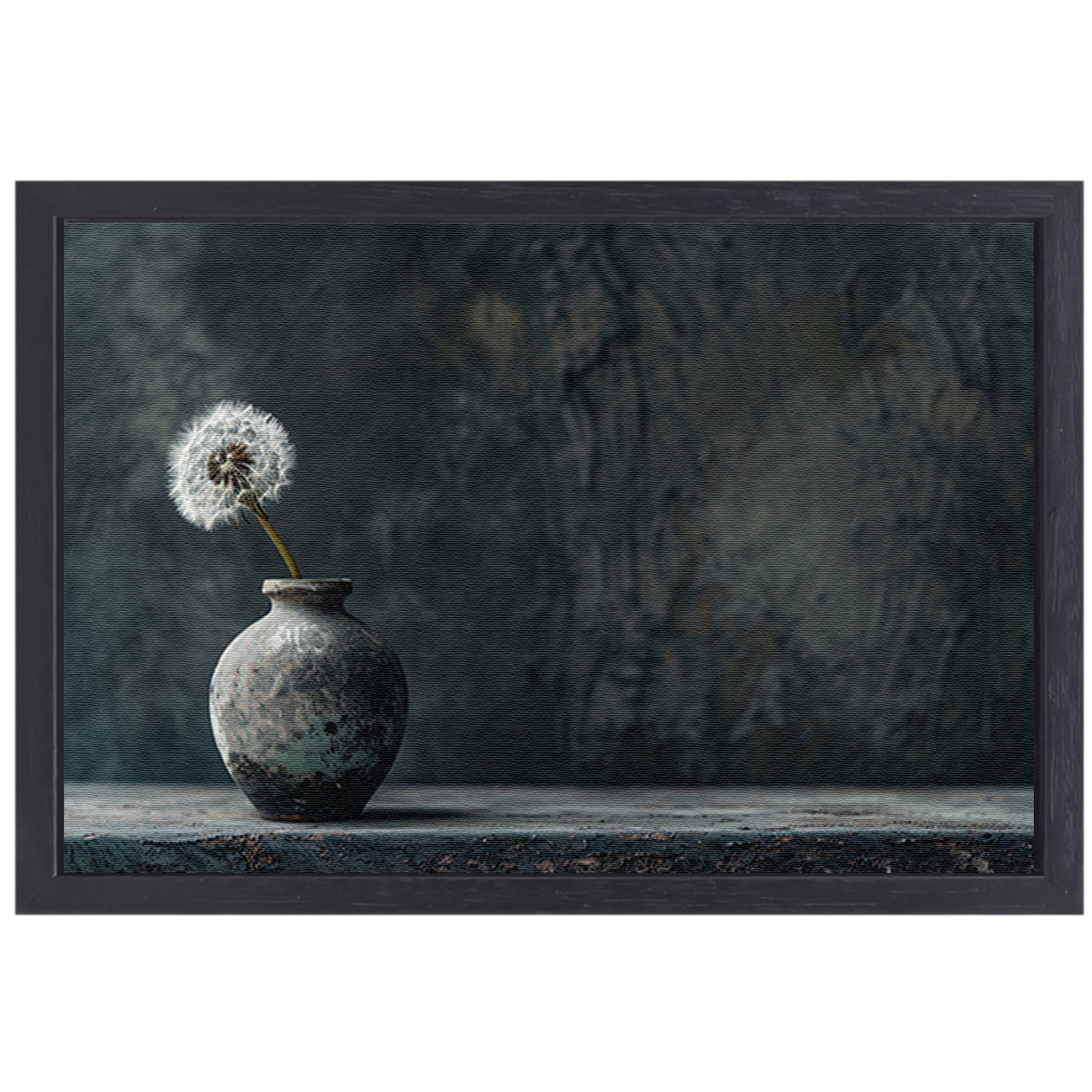 Uitgebloeide paardenbloem in oude vaas canvas met baklijst