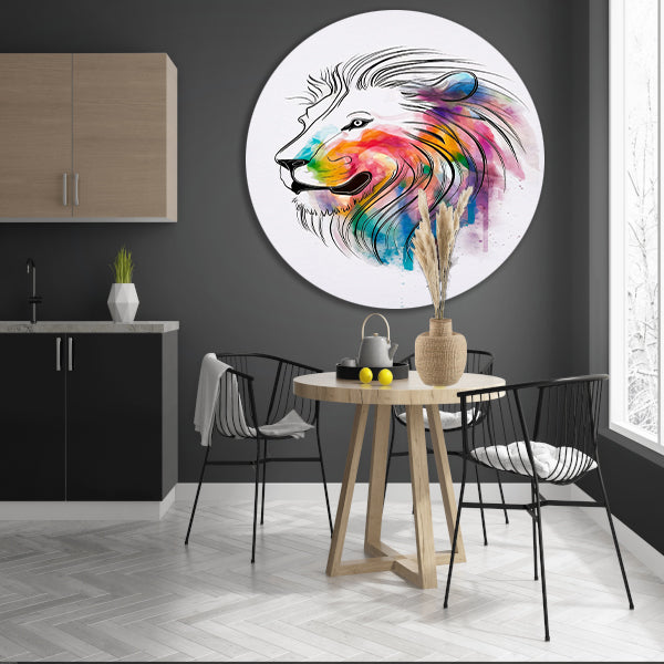 Abstracte Kleurrijke Leeuw in Lijnen aluminium muurcirkel