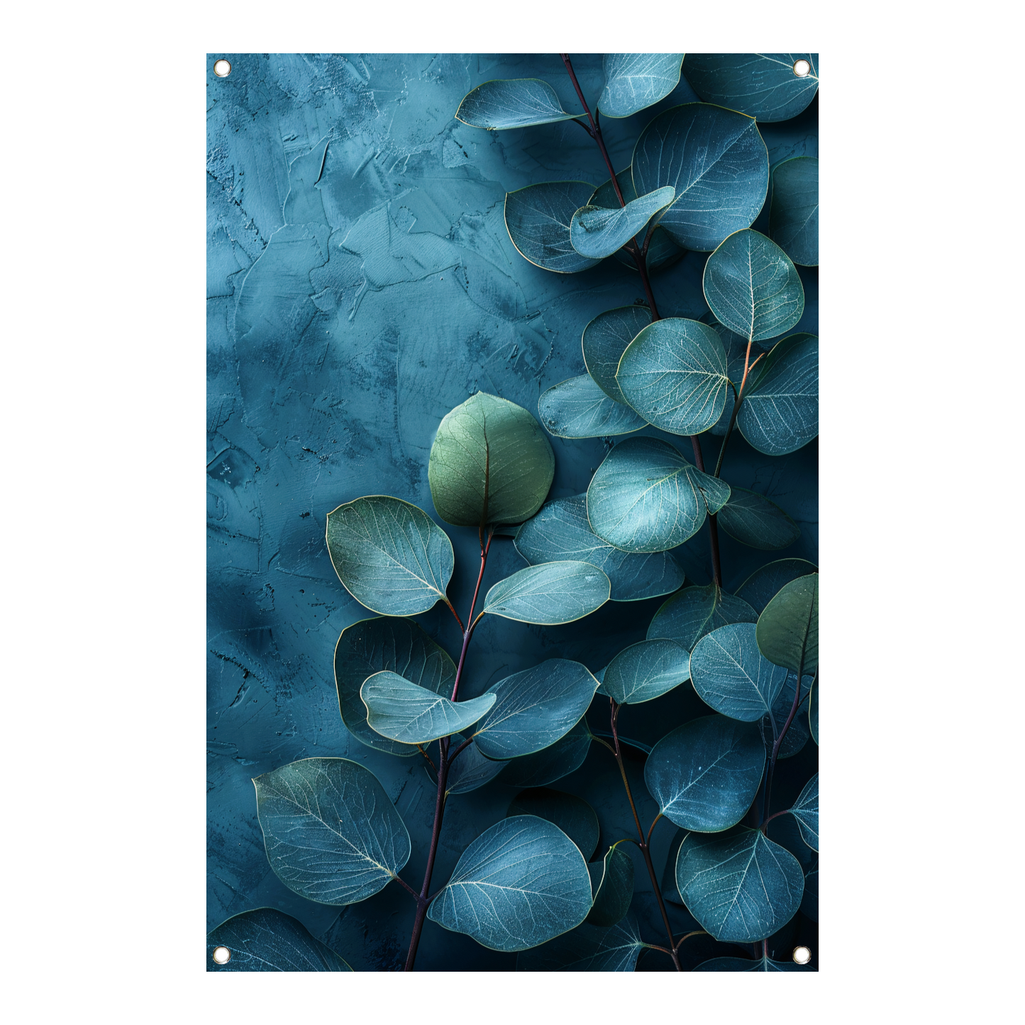 Abstracte kunst van bladeren op getextureerde blauwe achtergrond tuinposter