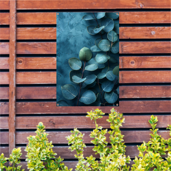 Abstracte kunst van bladeren op getextureerde blauwe achtergrond tuinposter
