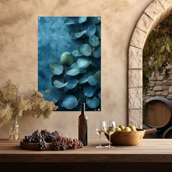 Abstracte kunst van bladeren op getextureerde blauwe achtergrond tuinposter