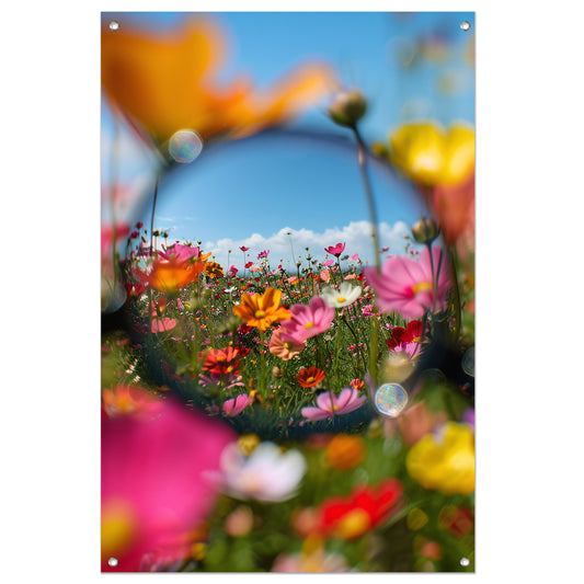 Close-up van kleurrijke bloemen in veld tuinposter