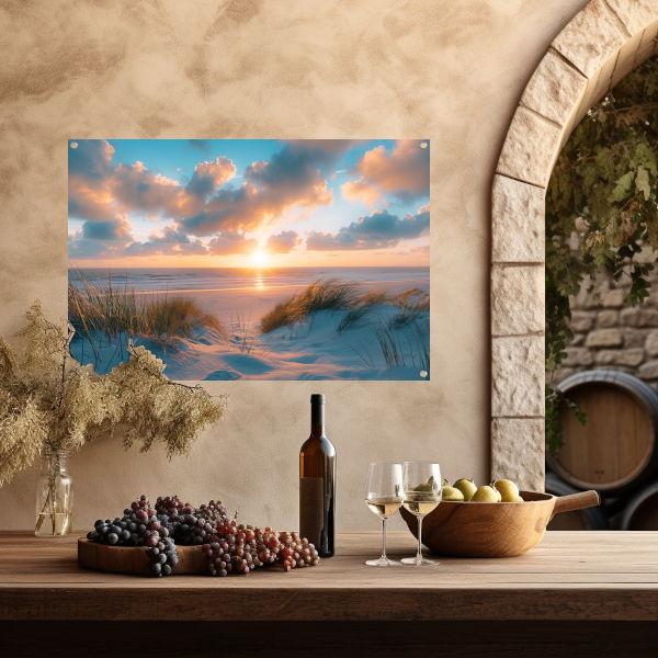 Betoverende zonsopgang op een rustig zandstrand tuinposter