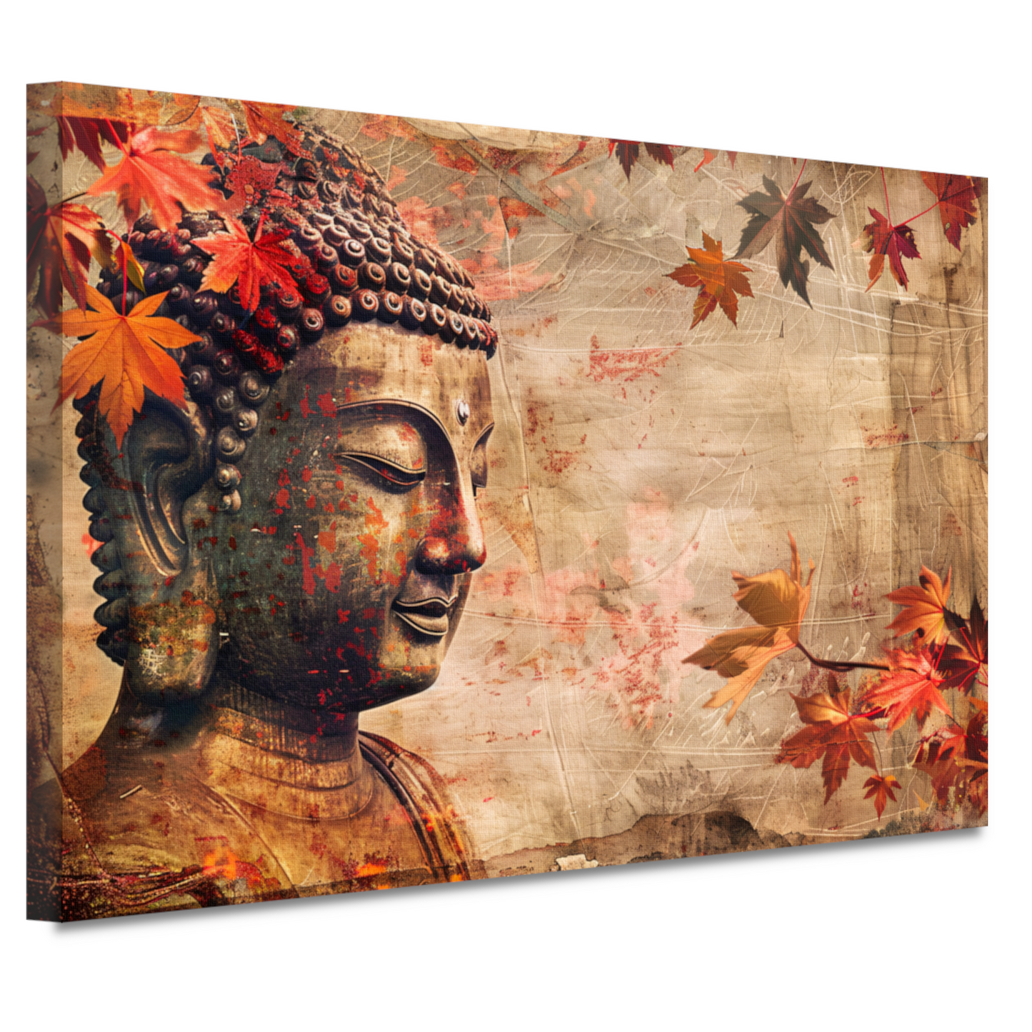 Boeddha in Herfstbladeren Sepia Toon canvas