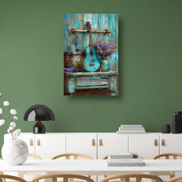 Kleurrijk schilderij van gitaar en bloemen canvas