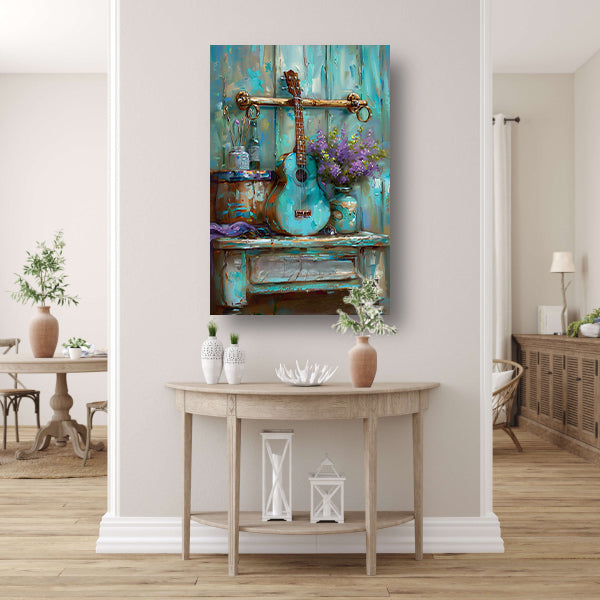 Kleurrijk schilderij van gitaar en bloemen canvas