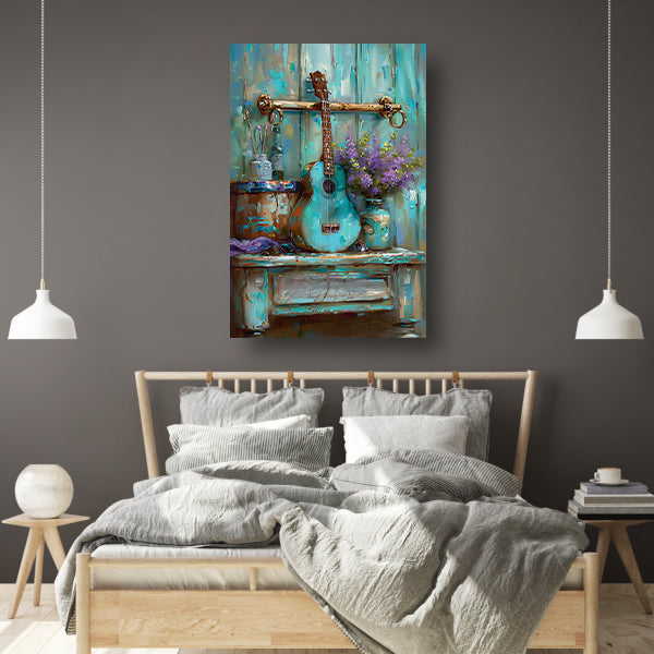 Kleurrijk schilderij van gitaar en bloemen poster