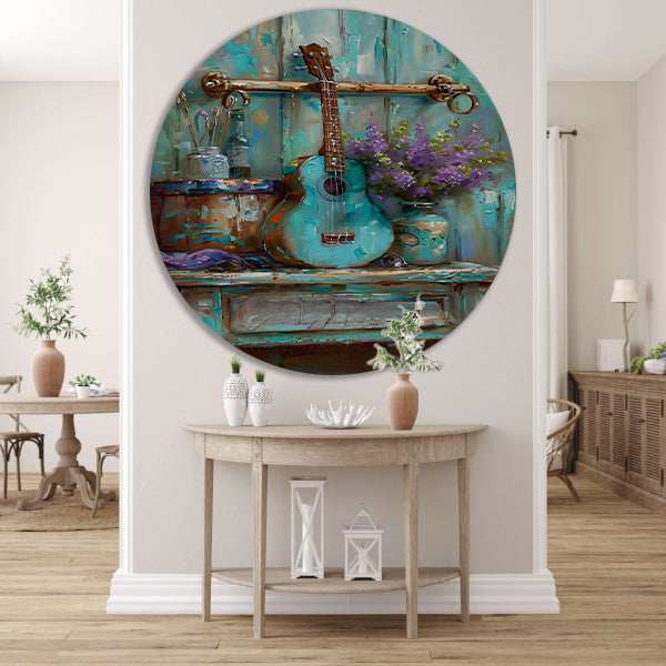 Kleurrijk schilderij van gitaar en bloemen forex muurcirkel