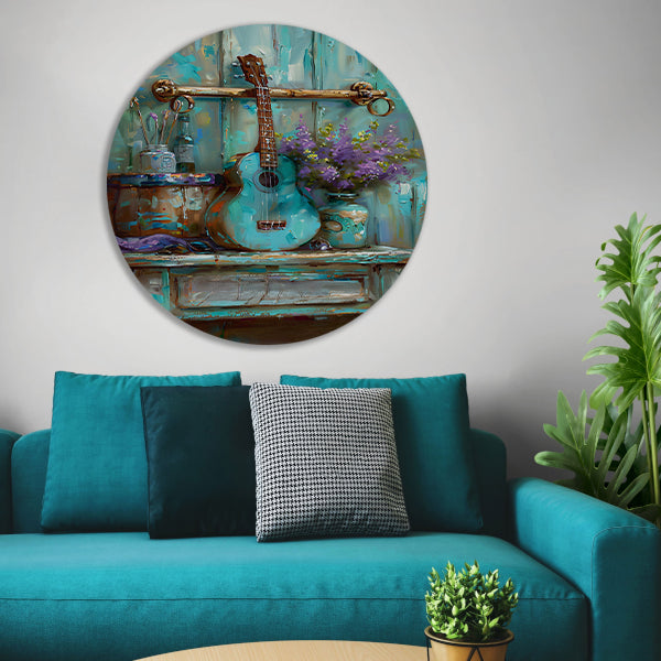 Kleurrijk schilderij van gitaar en bloemen aluminium muurcirkel