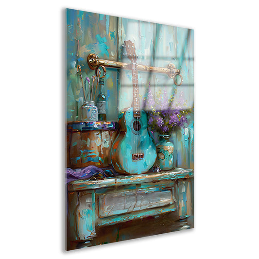 Kleurrijk schilderij van gitaar en bloemen acrylglas