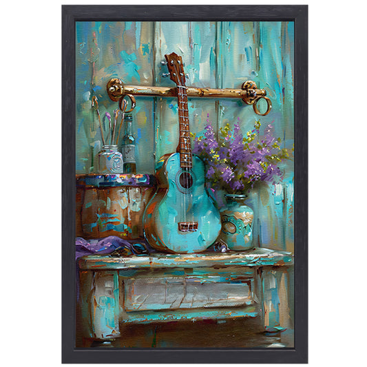 Kleurrijk schilderij van gitaar en bloemen canvas met baklijst