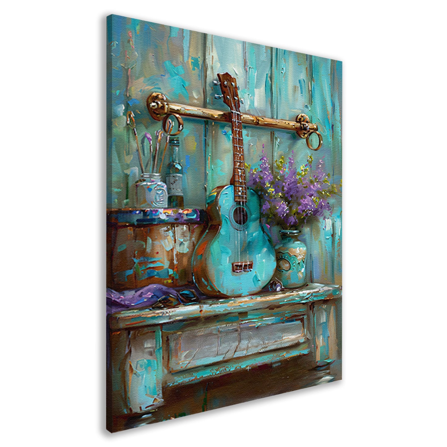 Kleurrijk schilderij van gitaar en bloemen canvas