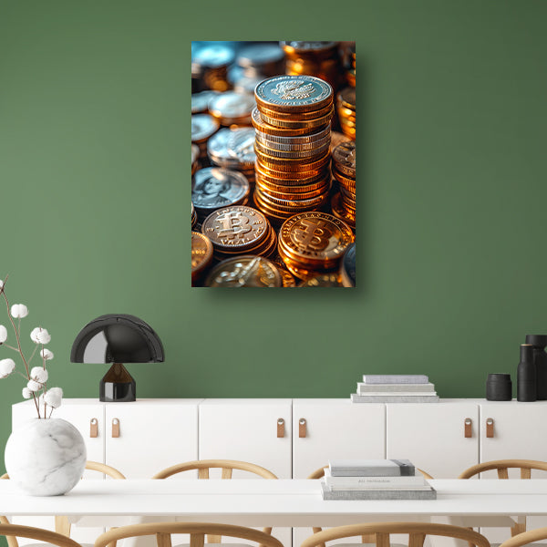 Stapel Munten en Bitcoin in Warm Licht canvas met baklijst