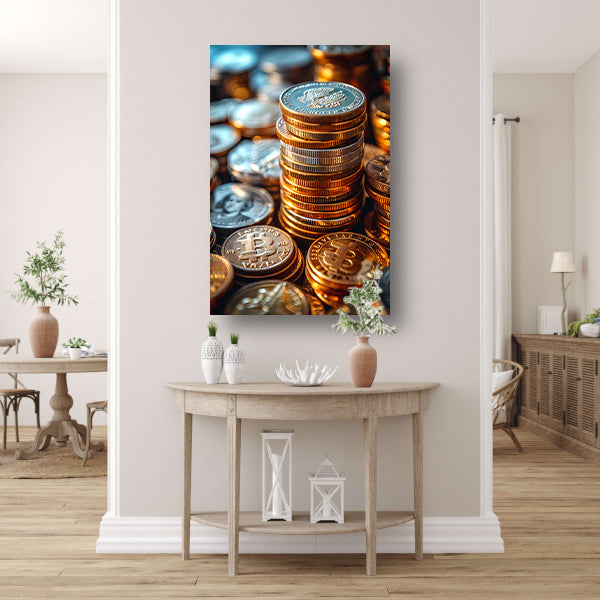 Stapel Munten en Bitcoin in Warm Licht canvas met baklijst
