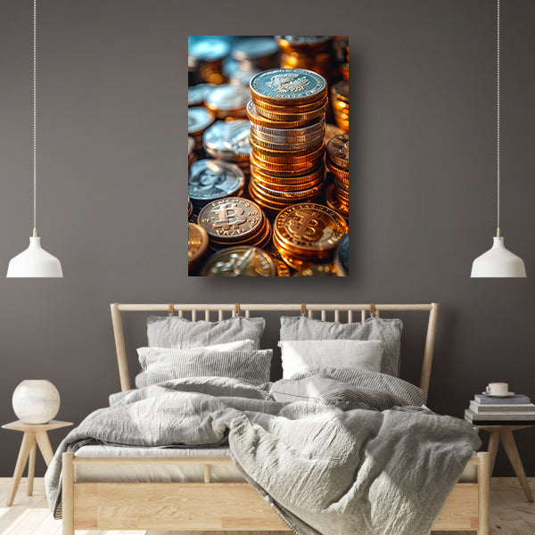 Stapel Munten en Bitcoin in Warm Licht poster