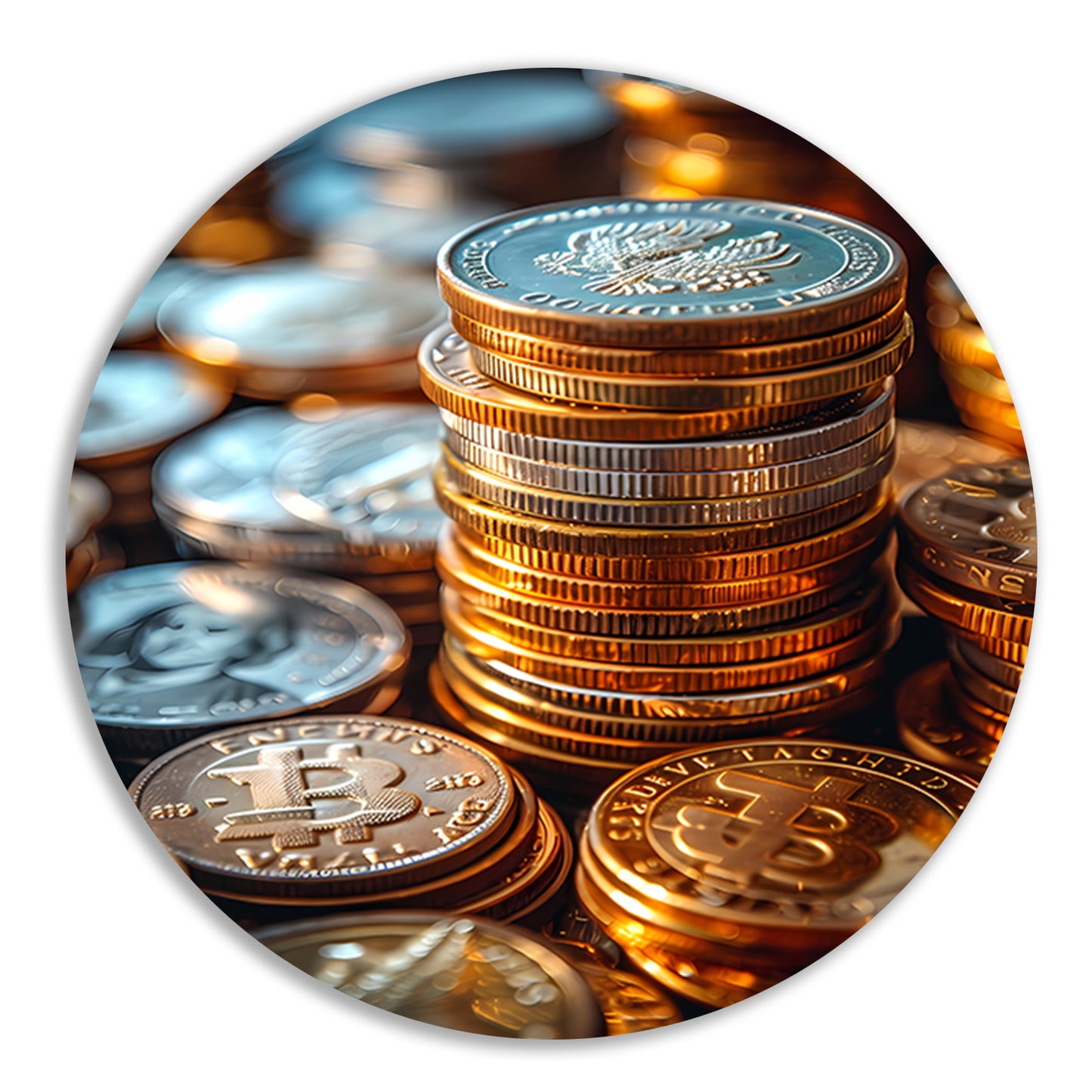 Stapel Munten en Bitcoin in Warm Licht aluminium muurcirkel