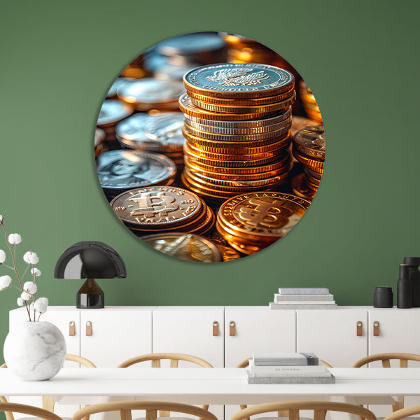 Stapel Munten en Bitcoin in Warm Licht aluminium muurcirkel