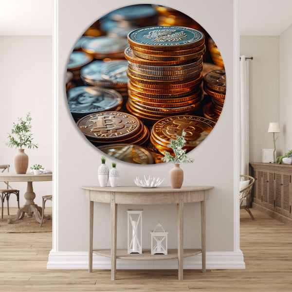 Stapel Munten en Bitcoin in Warm Licht aluminium muurcirkel