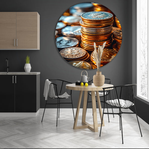 Stapel Munten en Bitcoin in Warm Licht aluminium muurcirkel