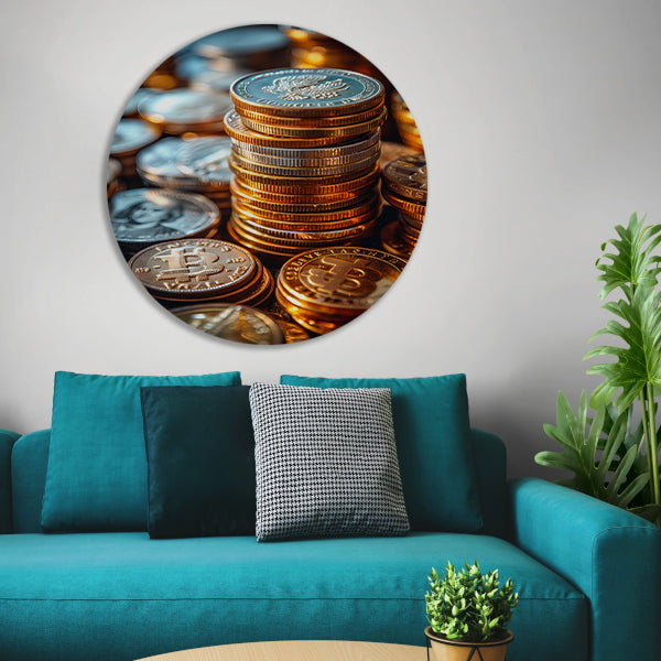 Stapel Munten en Bitcoin in Warm Licht aluminium muurcirkel