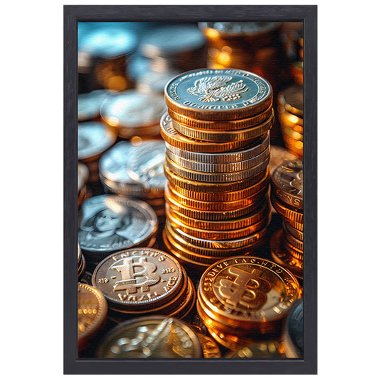 Stapel Munten en Bitcoin in Warm Licht canvas met baklijst