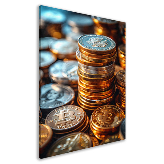 Stapel Munten en Bitcoin in Warm Licht canvas