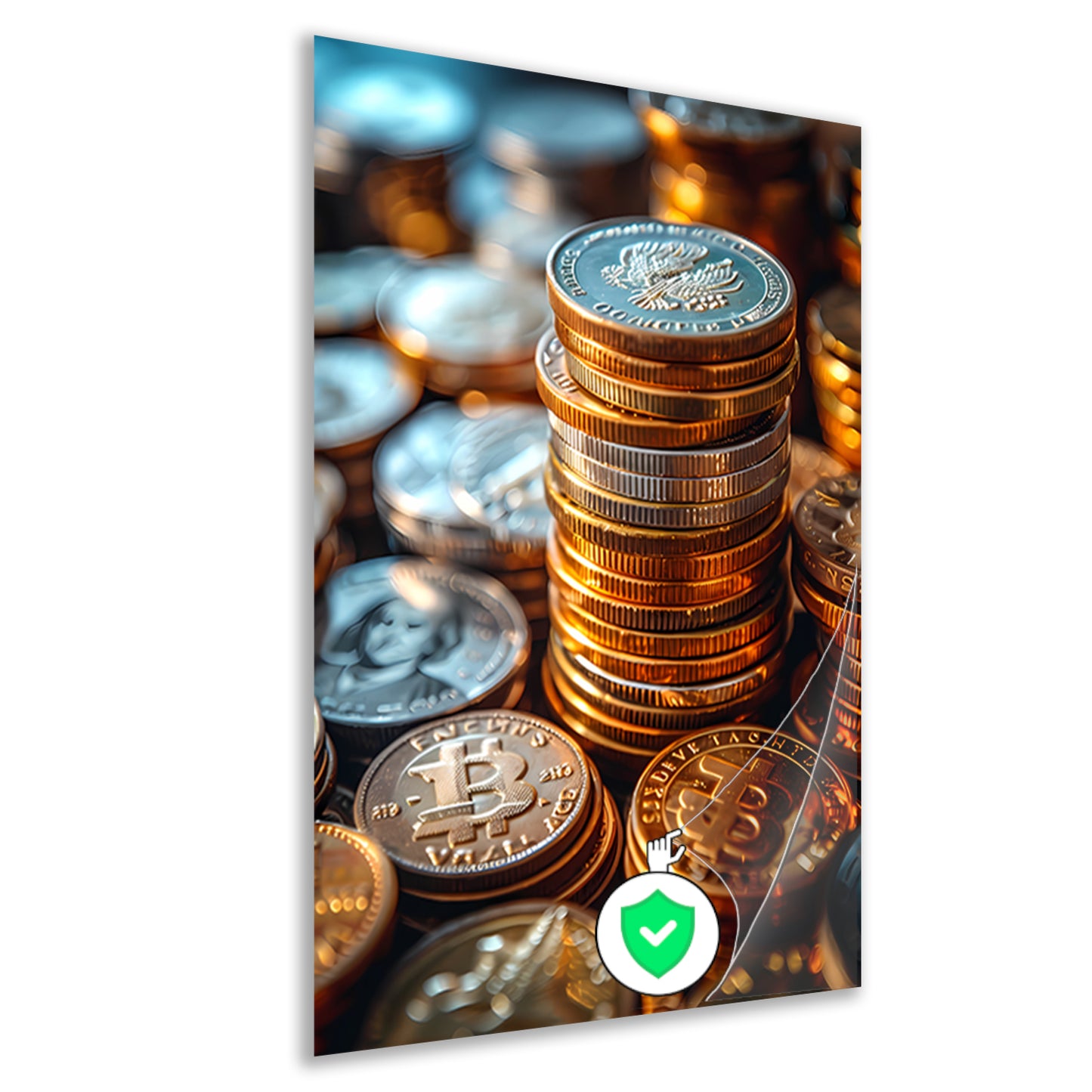 Stapel Munten en Bitcoin in Warm Licht poster
