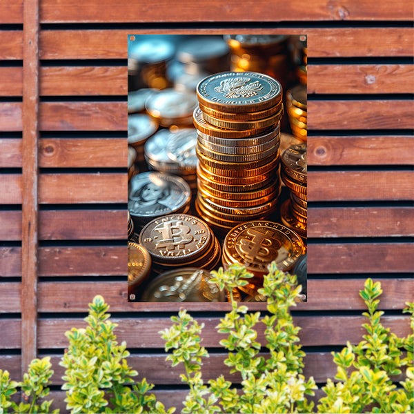 Stapel Munten en Bitcoin in Warm Licht tuinposter