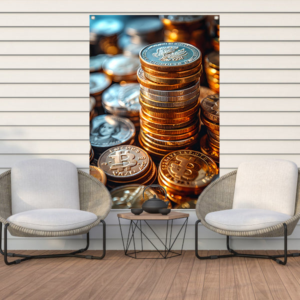 Stapel Munten en Bitcoin in Warm Licht tuinposter