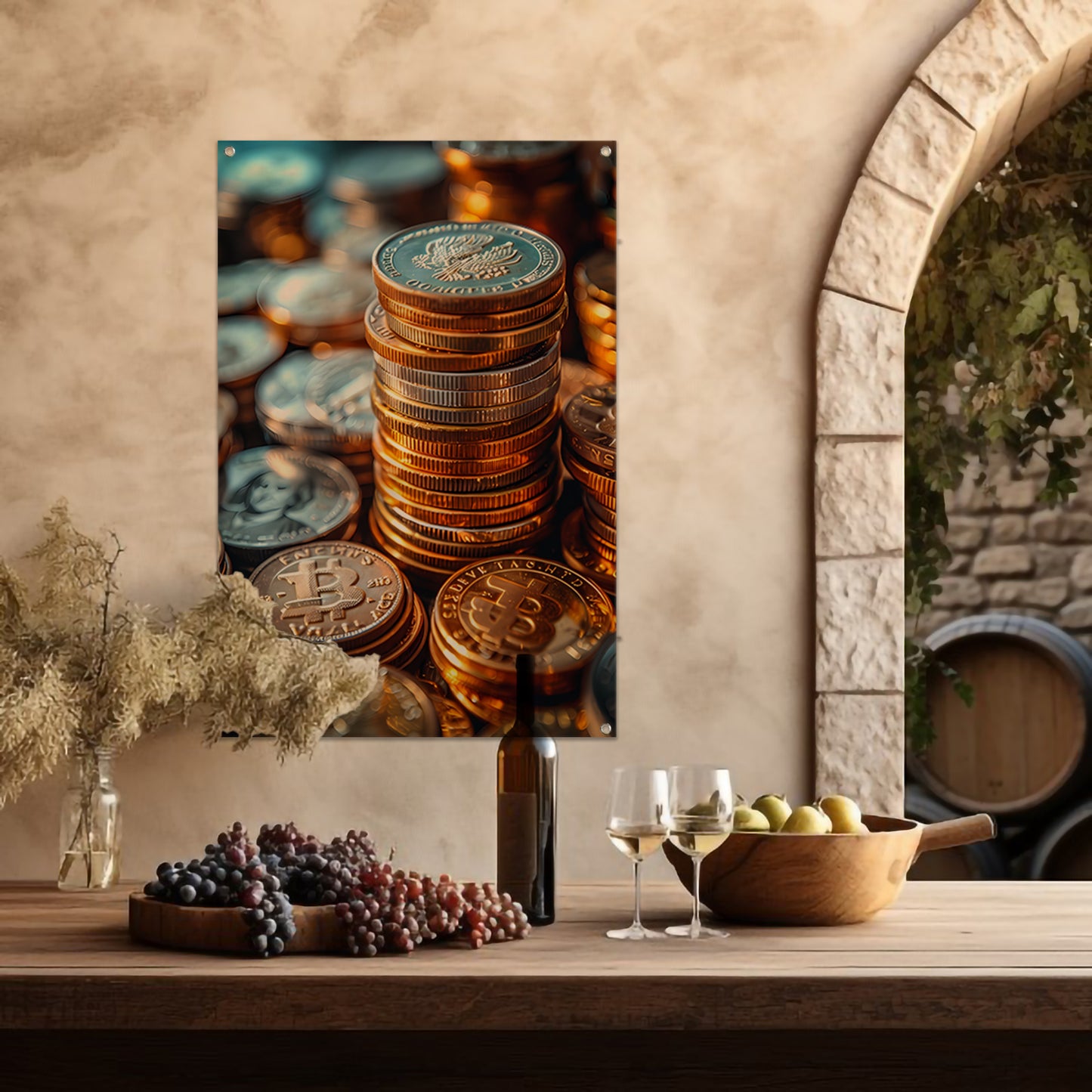 Stapel Munten en Bitcoin in Warm Licht tuinposter