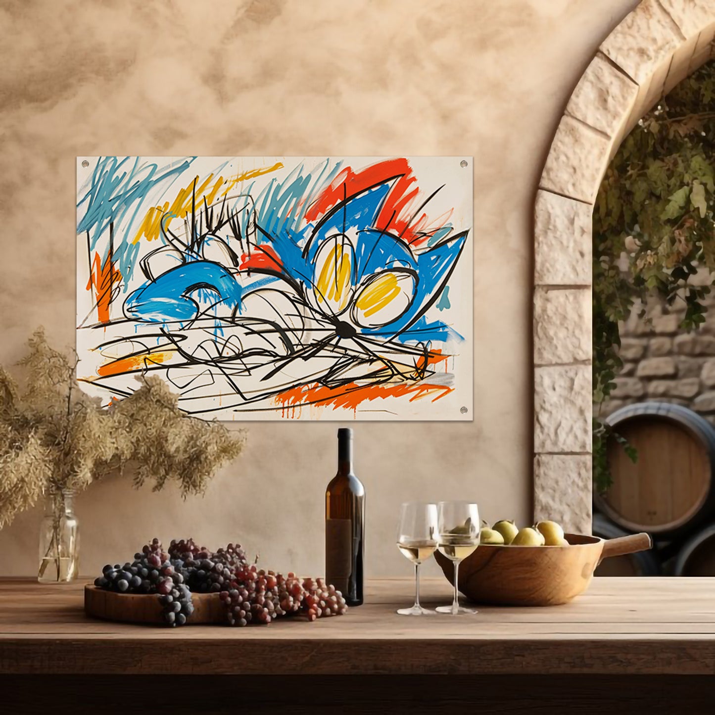 Abstracte kleurrijke kat schilderij in moderne stijl tuinposter