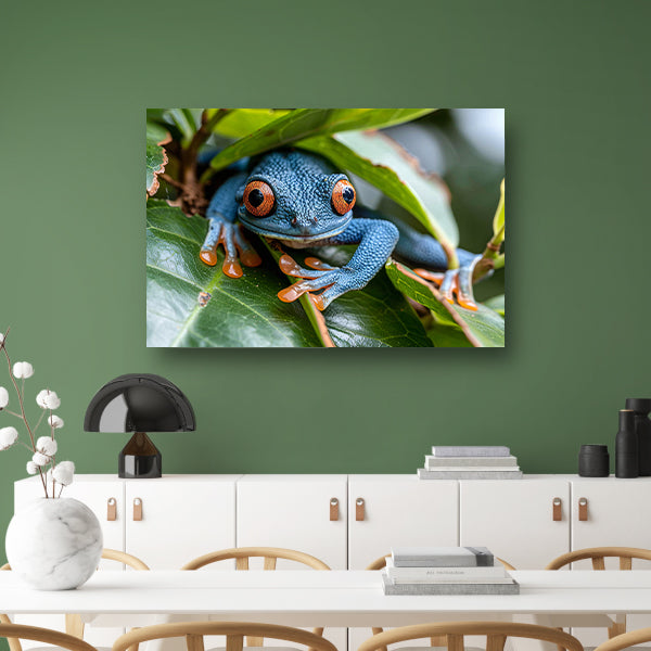 Groene kikker op blad canvas