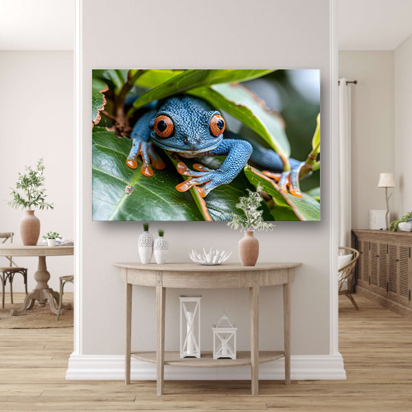Groene kikker op blad canvas