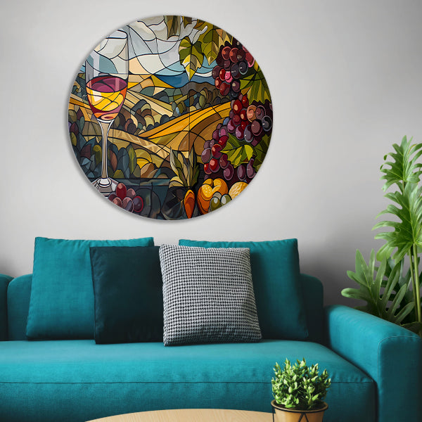 Kubistisch landschap met wijn en druiven aluminium muurcirkel