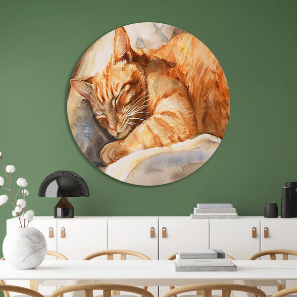 Slapende Kat in Warme Aquarelkleuren forex muurcirkel