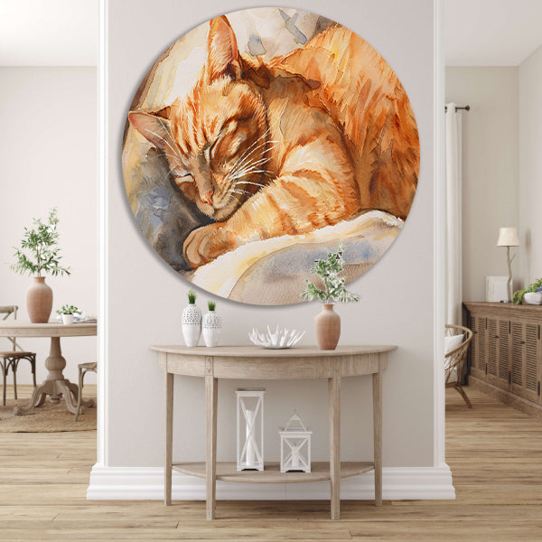 Slapende Kat in Warme Aquarelkleuren forex muurcirkel