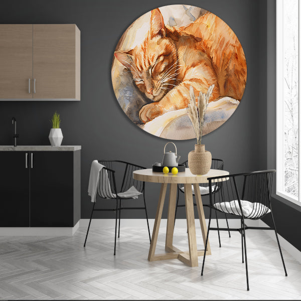 Slapende Kat in Warme Aquarelkleuren forex muurcirkel