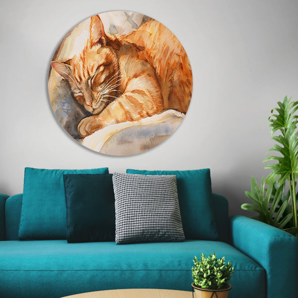 Slapende Kat in Warme Aquarelkleuren forex muurcirkel