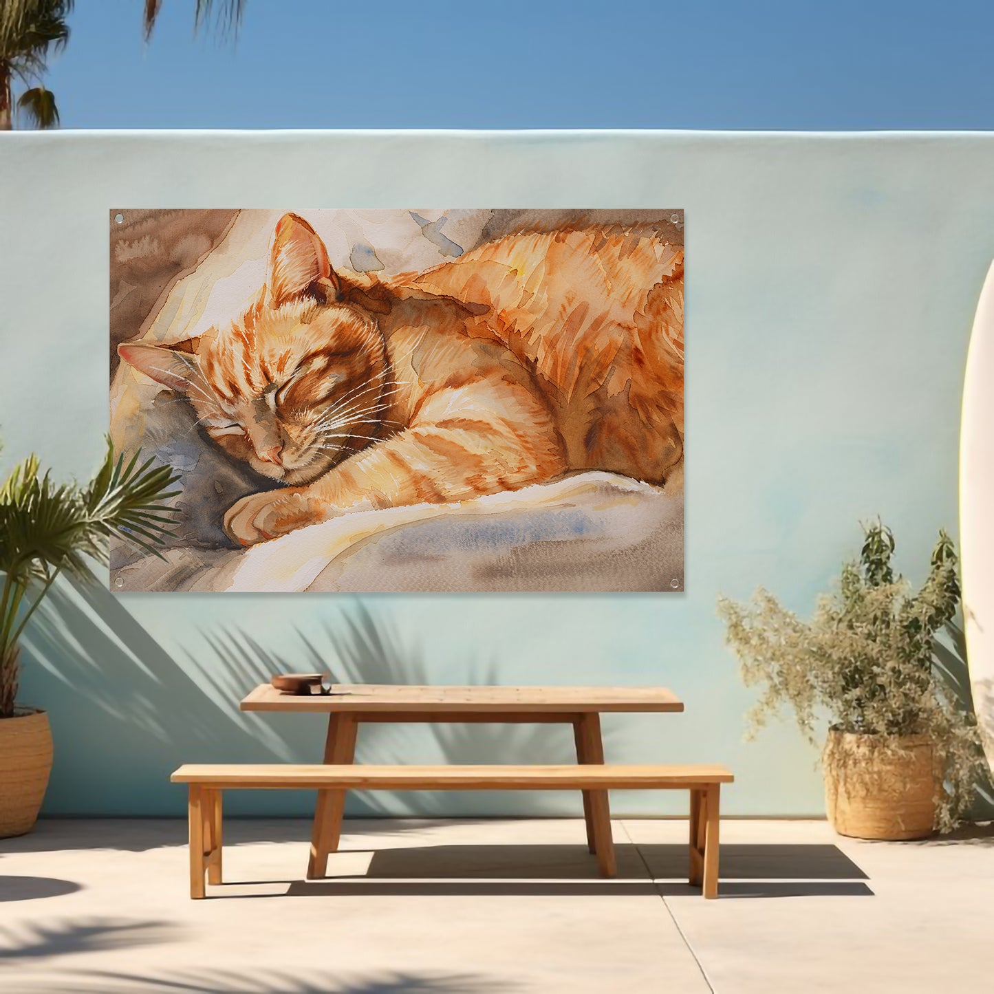 Slapende Kat in Warme Aquarelkleuren tuinposter