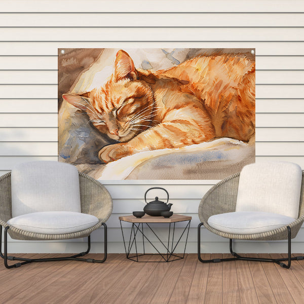 Slapende Kat in Warme Aquarelkleuren tuinposter