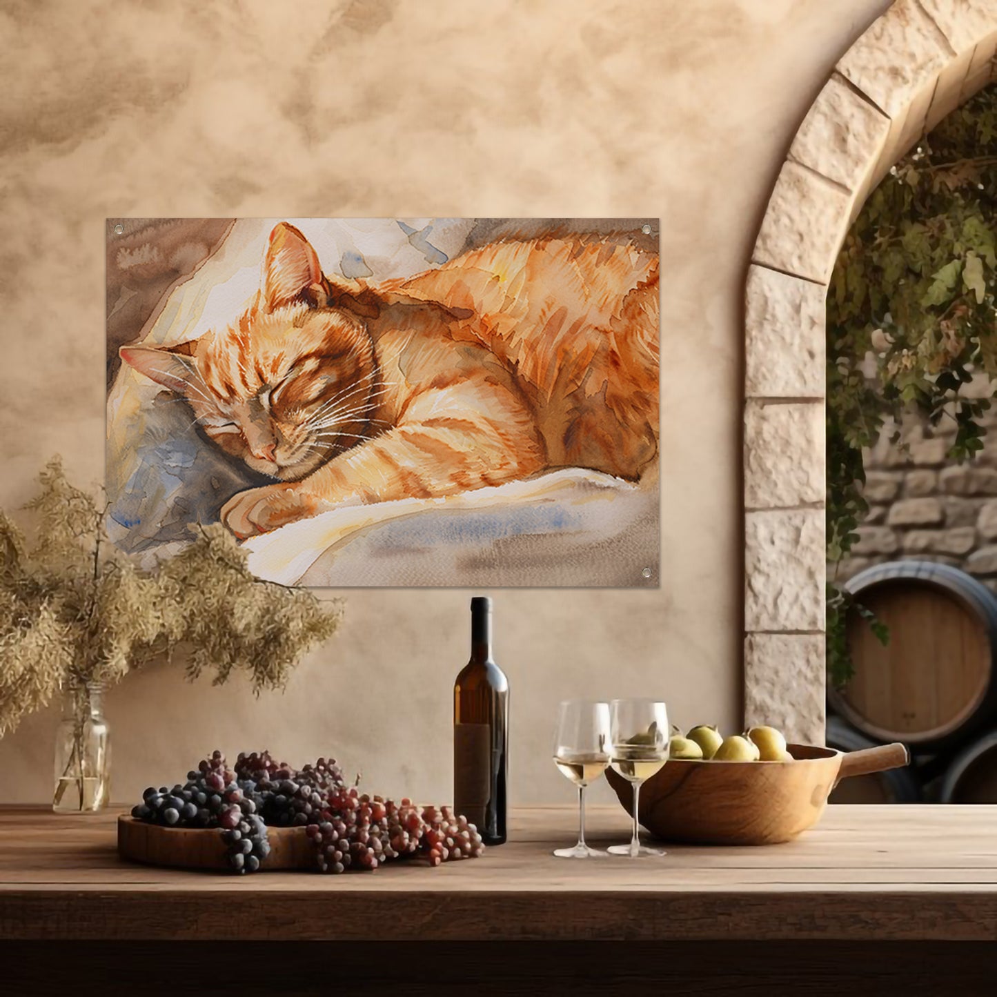 Slapende Kat in Warme Aquarelkleuren tuinposter