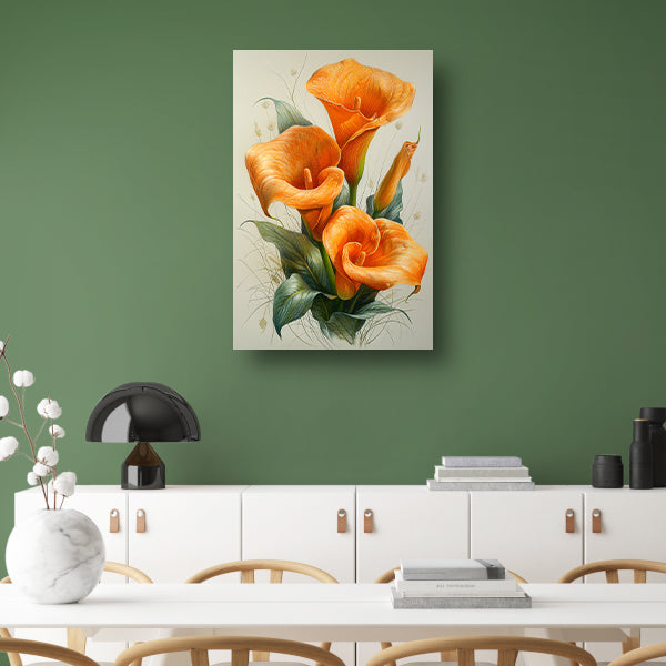 Oranje calla lelies met elegante groene bladeren canvas