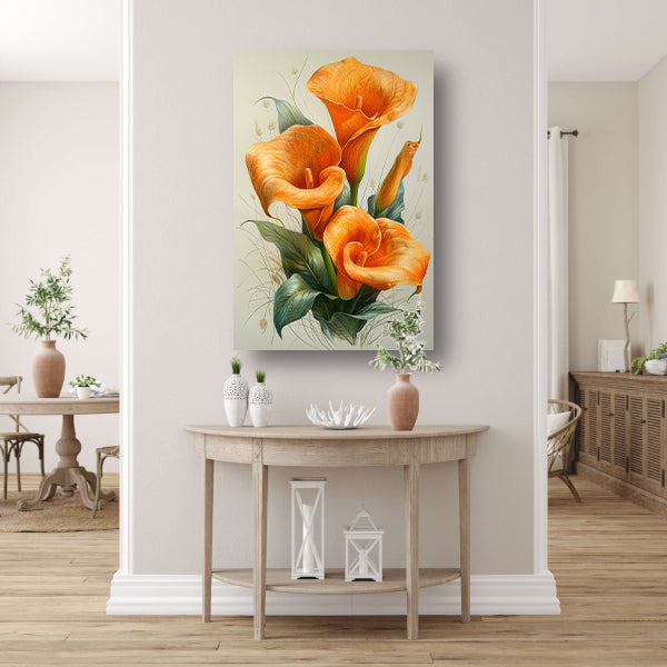 Oranje calla lelies met elegante groene bladeren canvas