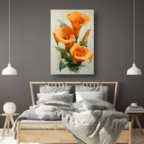 Oranje calla lelies met elegante groene bladeren canvas