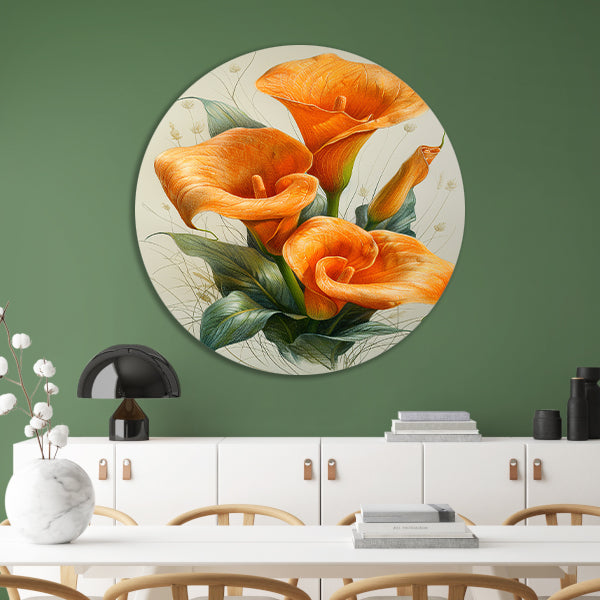 Oranje calla lelies met elegante groene bladeren forex muurcirkel