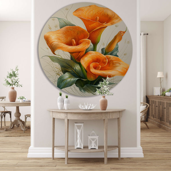 Oranje calla lelies met elegante groene bladeren forex muurcirkel